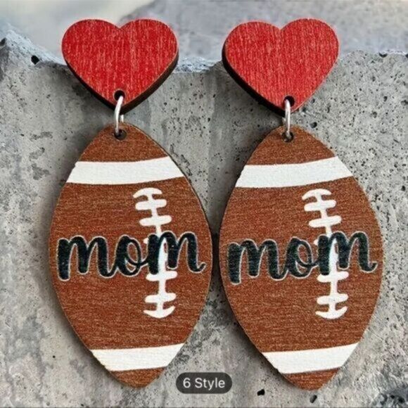 NWT- Football Wooden Earrings Letter Graphic “Mom” Heart Shape Stud w/dangle - Picture 1 of 4